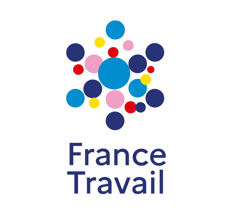 Logo de France Travail : composé de plusieurs cercles colorés (bleu, rouge, jaune, rose) formant une figure hexagonale stylisée avec écrit "France Travail" en dessous en bleu marine.