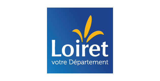 Logo du département du Loiret : un fond bleu avec écrit Loiret en blanc, au dessus du "r" de loiret il y a une fleur de lys jaune. En dessous, "votre département" est écrit plus petit en blanc