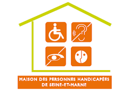 logo de la MDPH de Seine-et-Marne : Une maison verte avec à l'intérieur 4 carré orange représentant des types de handicap (ici handicap moteur, auditif, visuel et mental)