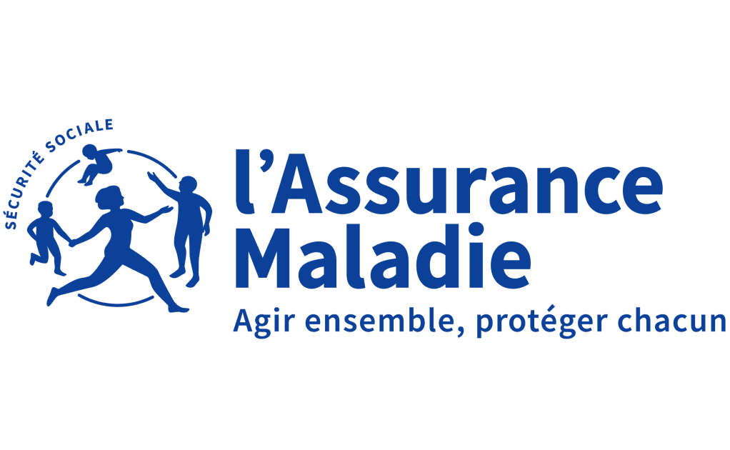 Logo de l'Assurance Maladie : quatre silhouettes bleues (un bébé, un enfant, un adulte et une personne âgée) formant une ronde, enfermée dans un cercle bleu, autour duquel il est écrit "sécurité sociale" en petit. A droite du cercle, il est inscrit en gros et en bleu "l'Assurance Maladie" sur deux ligne et en plus petit en dessous "Agir ensemble, protéger chacun"